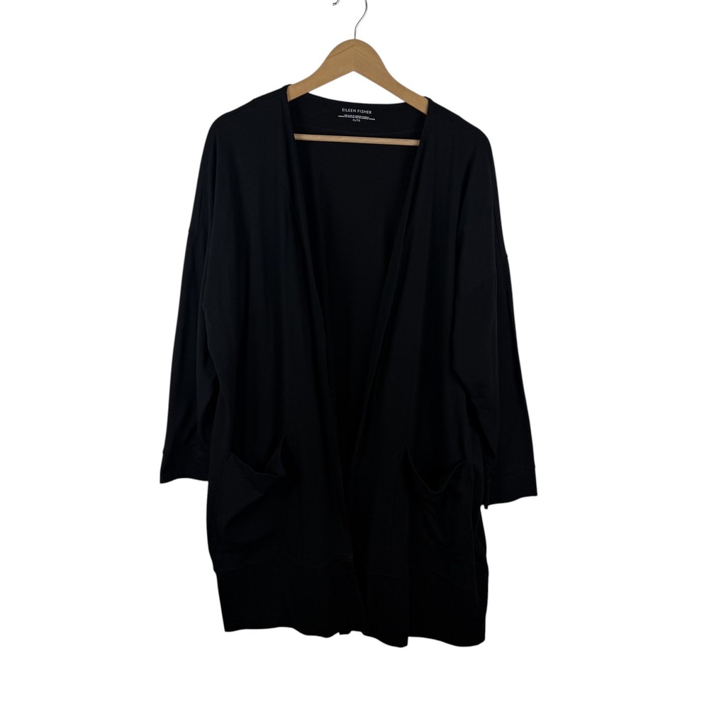 Eileen Fisher Black Open Front Cardigan Sweater XL Minimalist Quiet Luxury Comfy